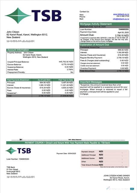 Download New Zealand TSB Bank mortgage statement Word and PDF template Photoshop template